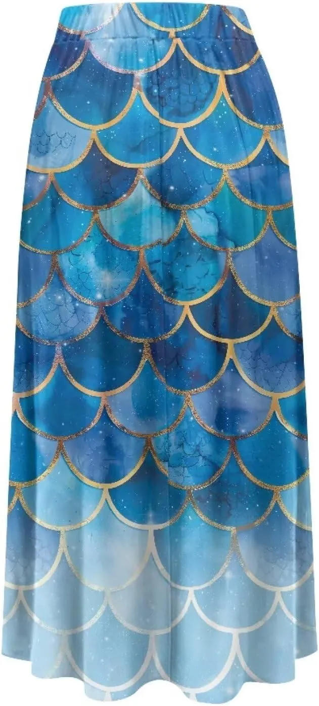 Women's Elastic High Waist Pleated Skirt Casual Long Skirts with Pockets Ankle Length Flowy Swing Party Skirt