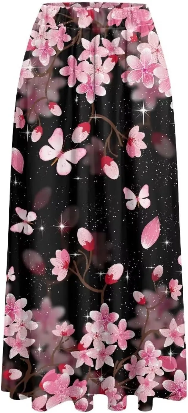 Women's Elastic High Waist Pleated Skirt Casual Long Skirts with Pockets Ankle Length Flowy Swing Party Skirt
