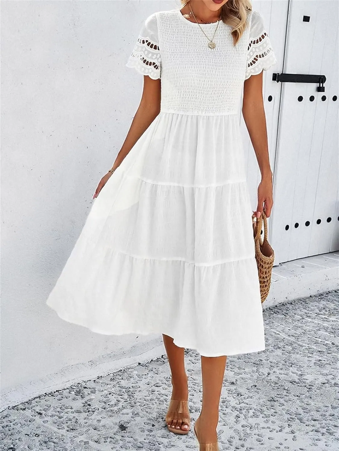 Womens Elegant Summer Dresses Casual Short Sleeve O Neck Maxi Dress Ruffle Boho Vacation Dress Wedding Guest Dresses