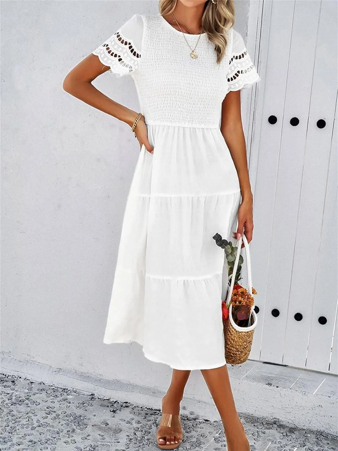 Womens Elegant Summer Dresses Casual Short Sleeve O Neck Maxi Dress Ruffle Boho Vacation Dress Wedding Guest Dresses