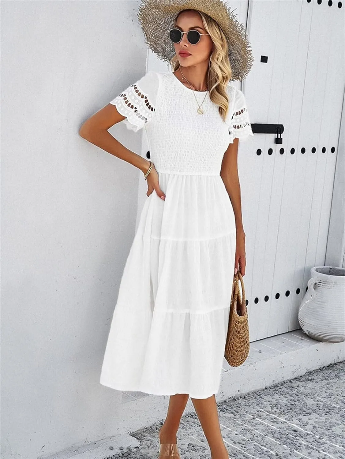 Womens Elegant Summer Dresses Casual Short Sleeve O Neck Maxi Dress Ruffle Boho Vacation Dress Wedding Guest Dresses