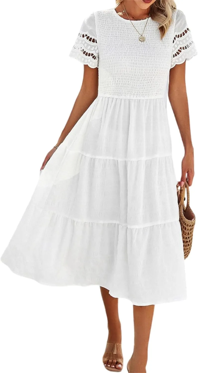 Womens Elegant Summer Dresses Casual Short Sleeve O Neck Maxi Dress Ruffle Boho Vacation Dress Wedding Guest Dresses