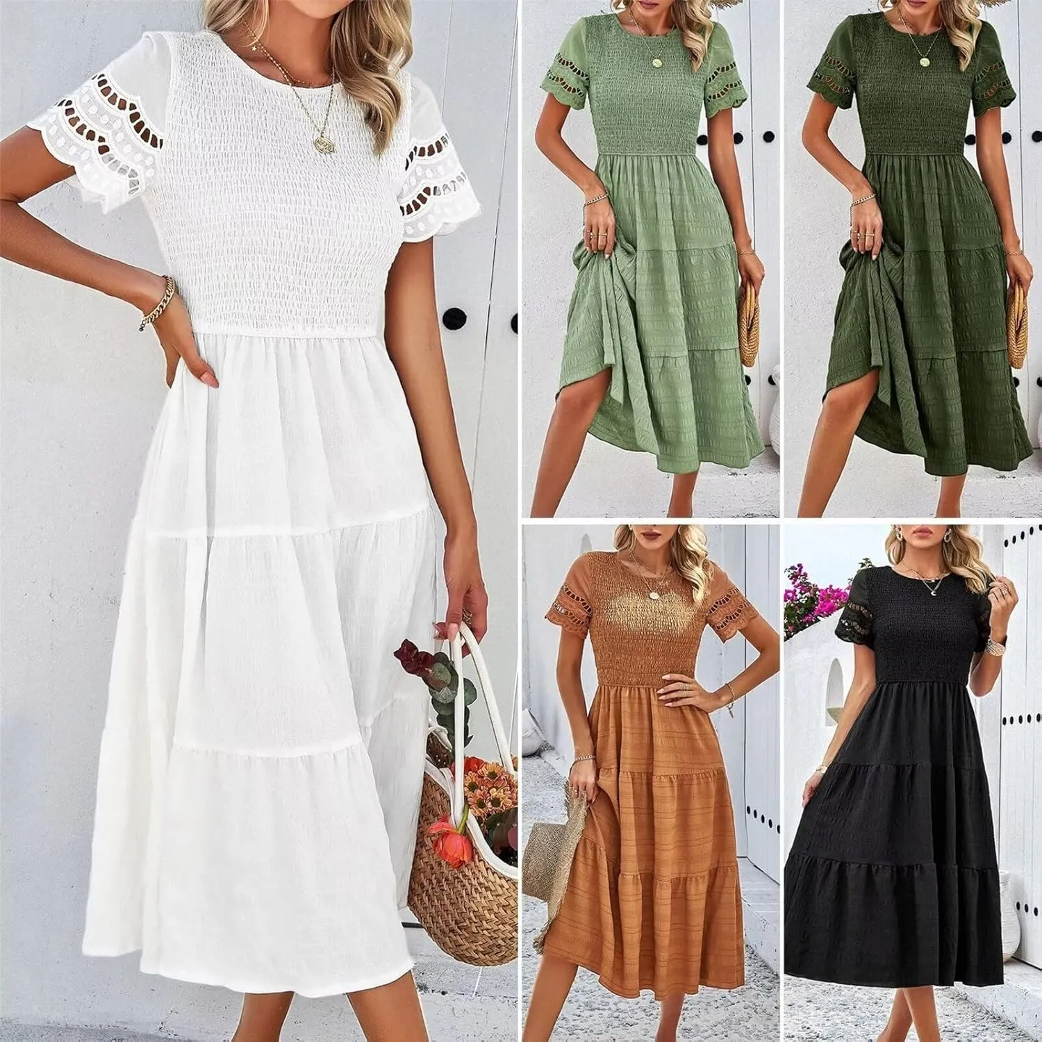Womens Elegant Summer Dresses Casual Short Sleeve O Neck Maxi Dress Ruffle Boho Vacation Dress Wedding Guest Dresses