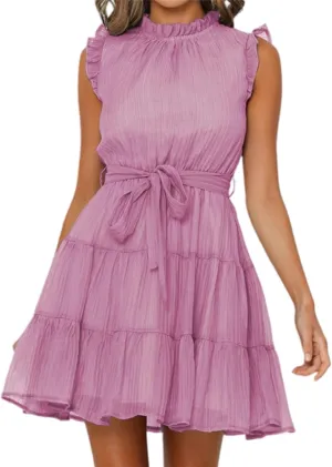 Womens Fashion Summer Dresses Casual Puff Sleeve Ruffle Mini Dress Vacation Beach Boho Dresses Cute Dresses with Belt