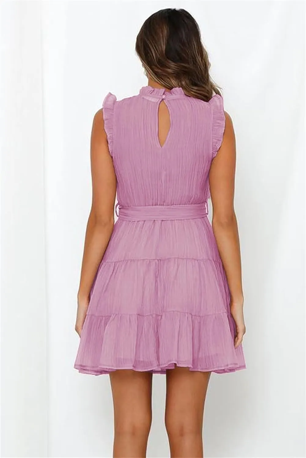 Womens Fashion Summer Dresses Casual Puff Sleeve Ruffle Mini Dress Vacation Beach Boho Dresses Cute Dresses with Belt
