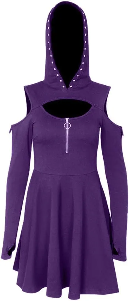 Women's Fit and Flare Style Fashion Gothic Pure Color Hooded Low Cut Cold Shoulder Zippe Mini Dress