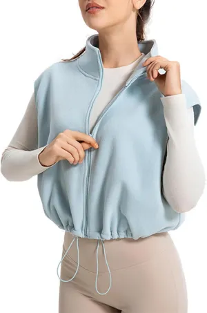 Women's Full Zip Fleece Short Vest Warm Winter Sleeveless Stand Collar Sherpa Crop Coat