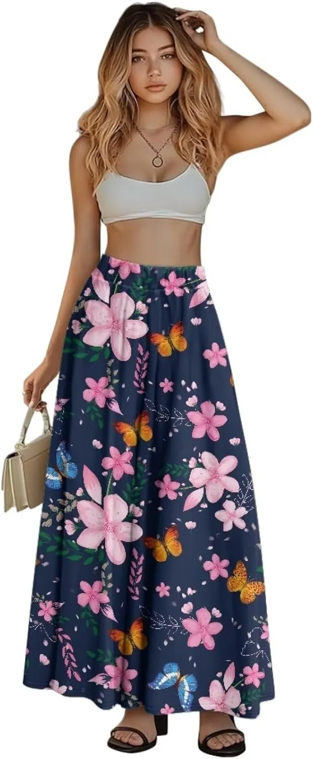 Women's Long Skirt High Waisted Casual Stretch Flowy Swing Skirts with Pockets Floral Skirt for Party Festival