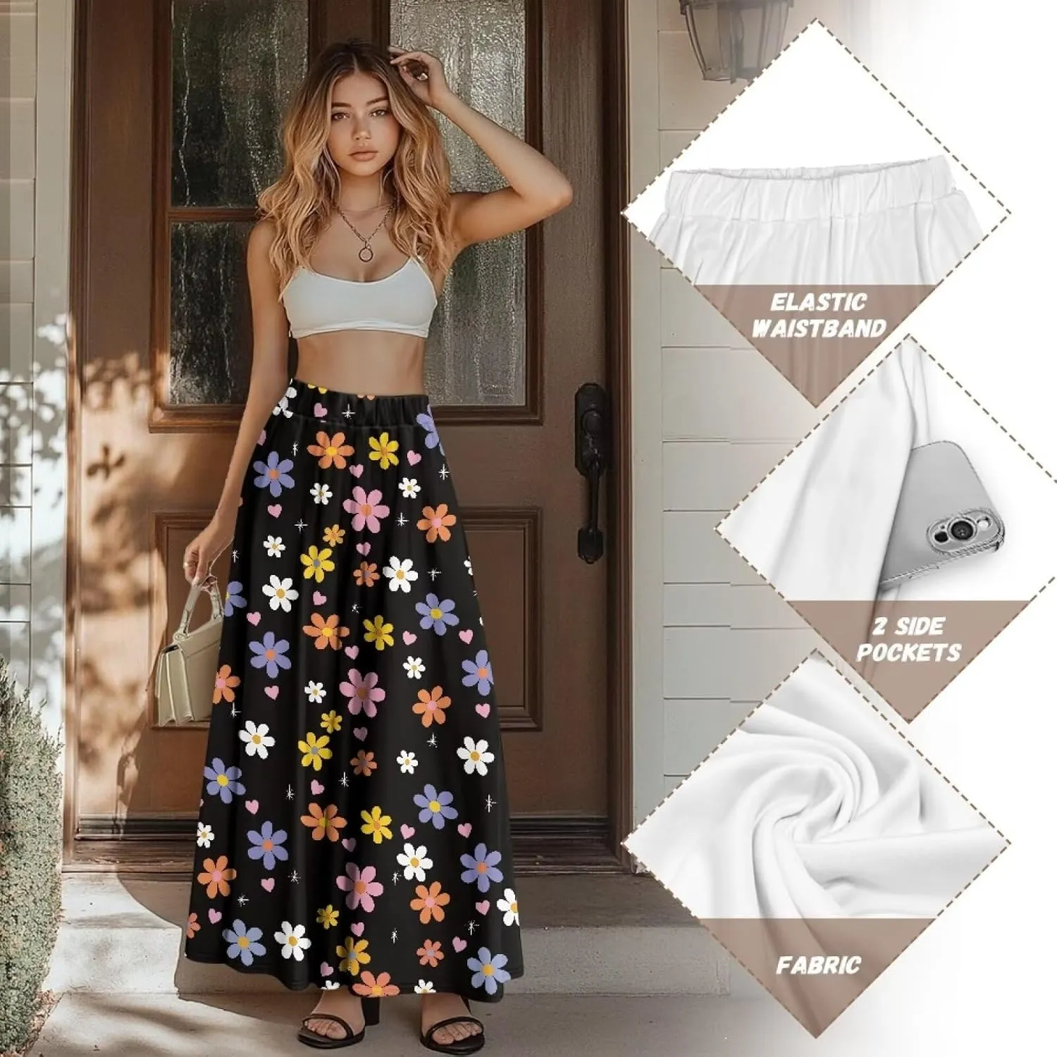 Women's Long Skirt High Waisted Casual Stretch Flowy Swing Skirts with Pockets Floral Skirt for Party Festival