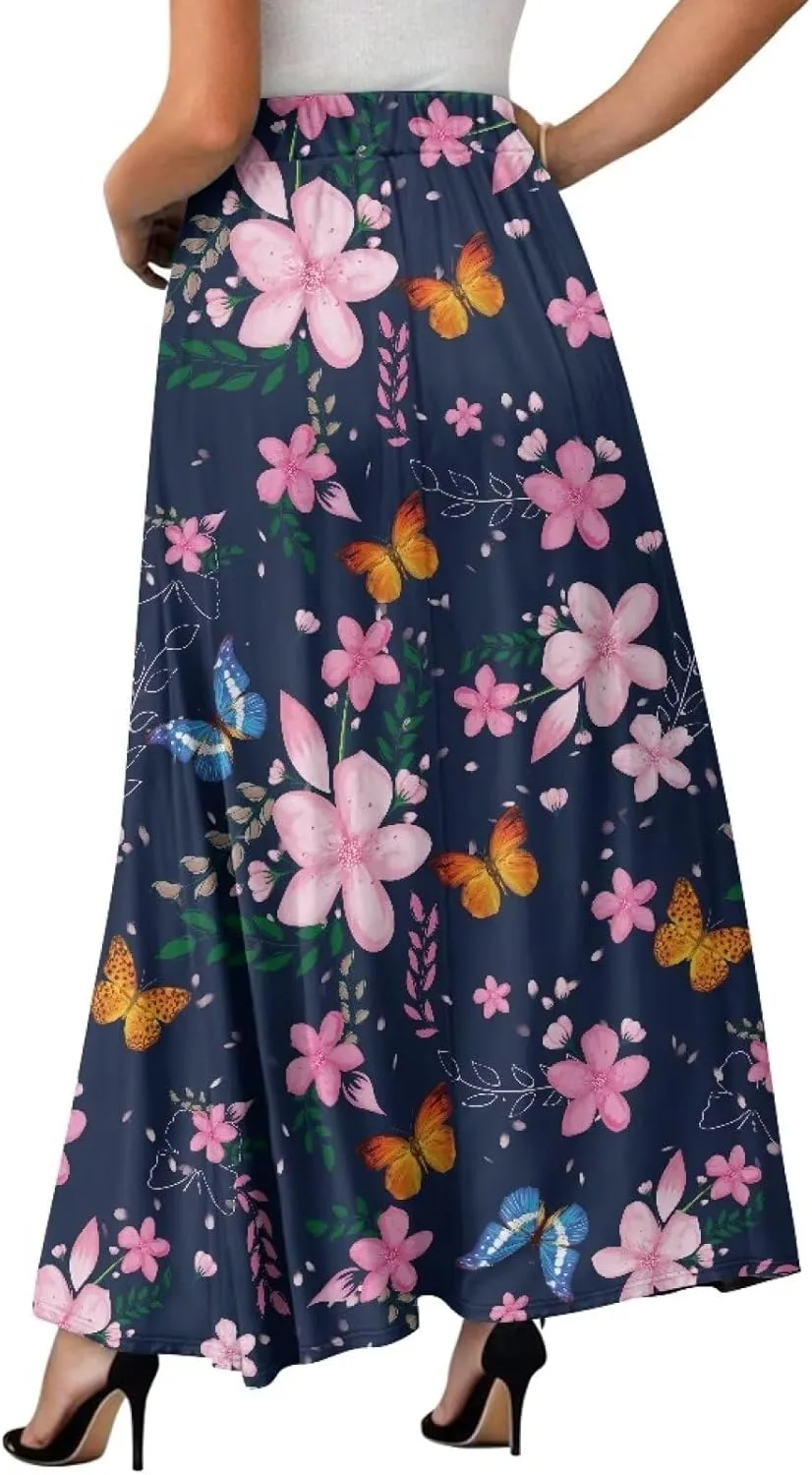 Women's Long Skirt High Waisted Casual Stretch Flowy Swing Skirts with Pockets Floral Skirt for Party Festival