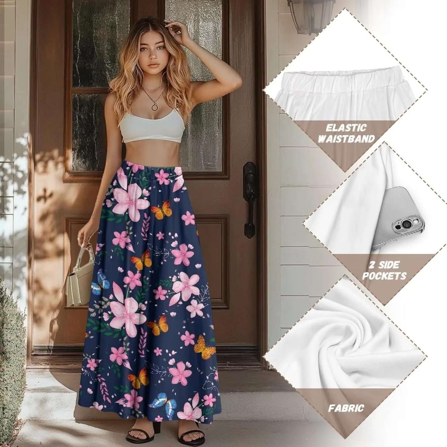 Women's Long Skirt High Waisted Casual Stretch Flowy Swing Skirts with Pockets Floral Skirt for Party Festival