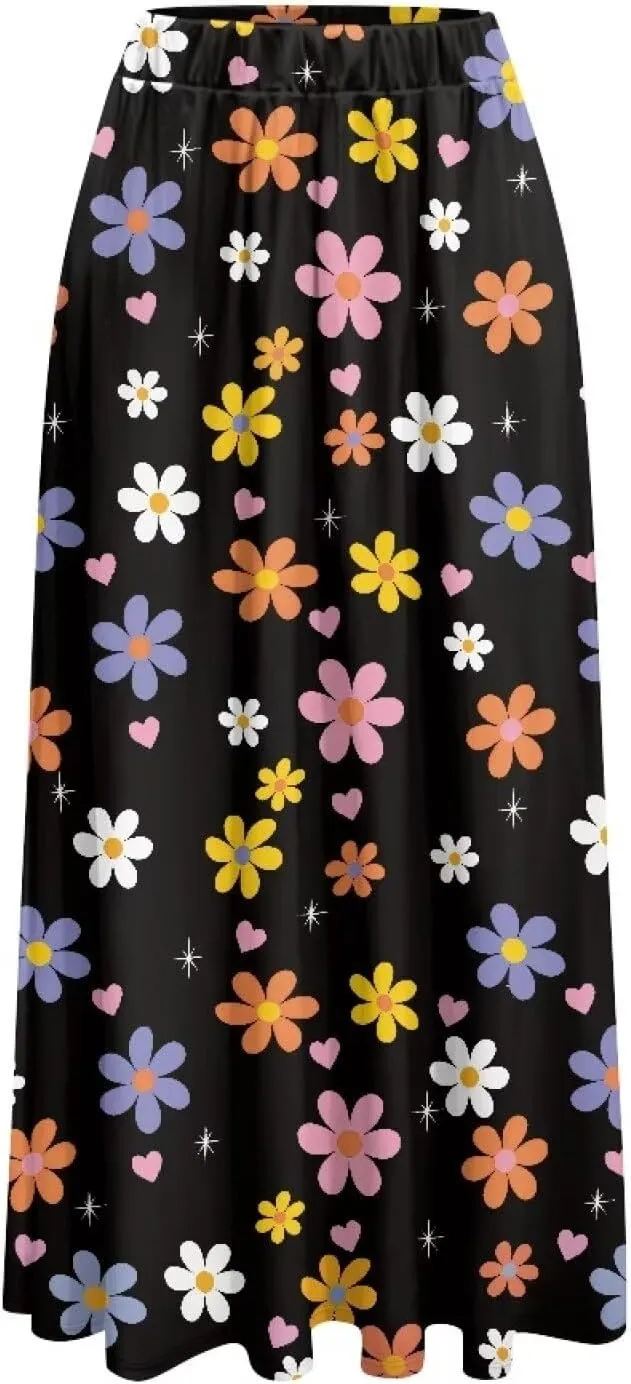 Women's Long Skirt High Waisted Casual Stretch Flowy Swing Skirts with Pockets Floral Skirt for Party Festival