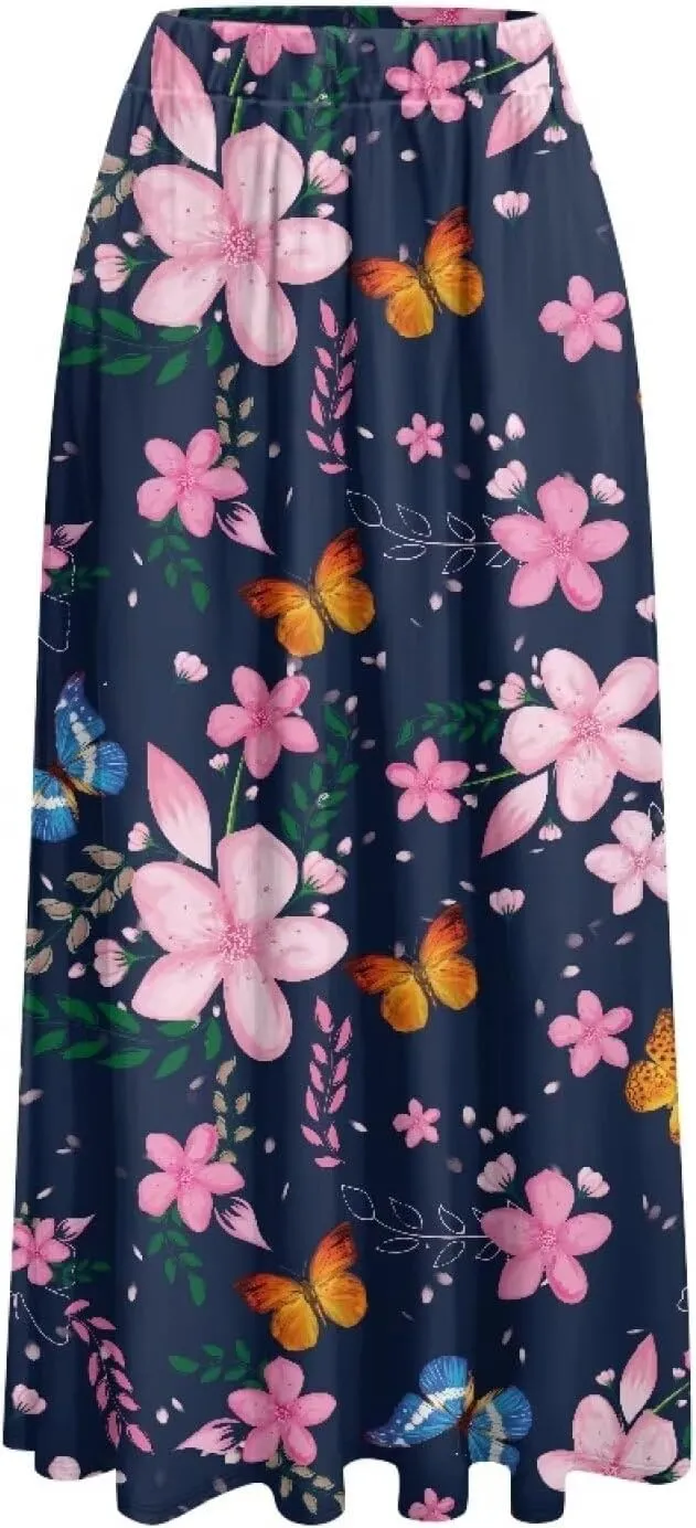 Women's Long Skirt High Waisted Casual Stretch Flowy Swing Skirts with Pockets Floral Skirt for Party Festival