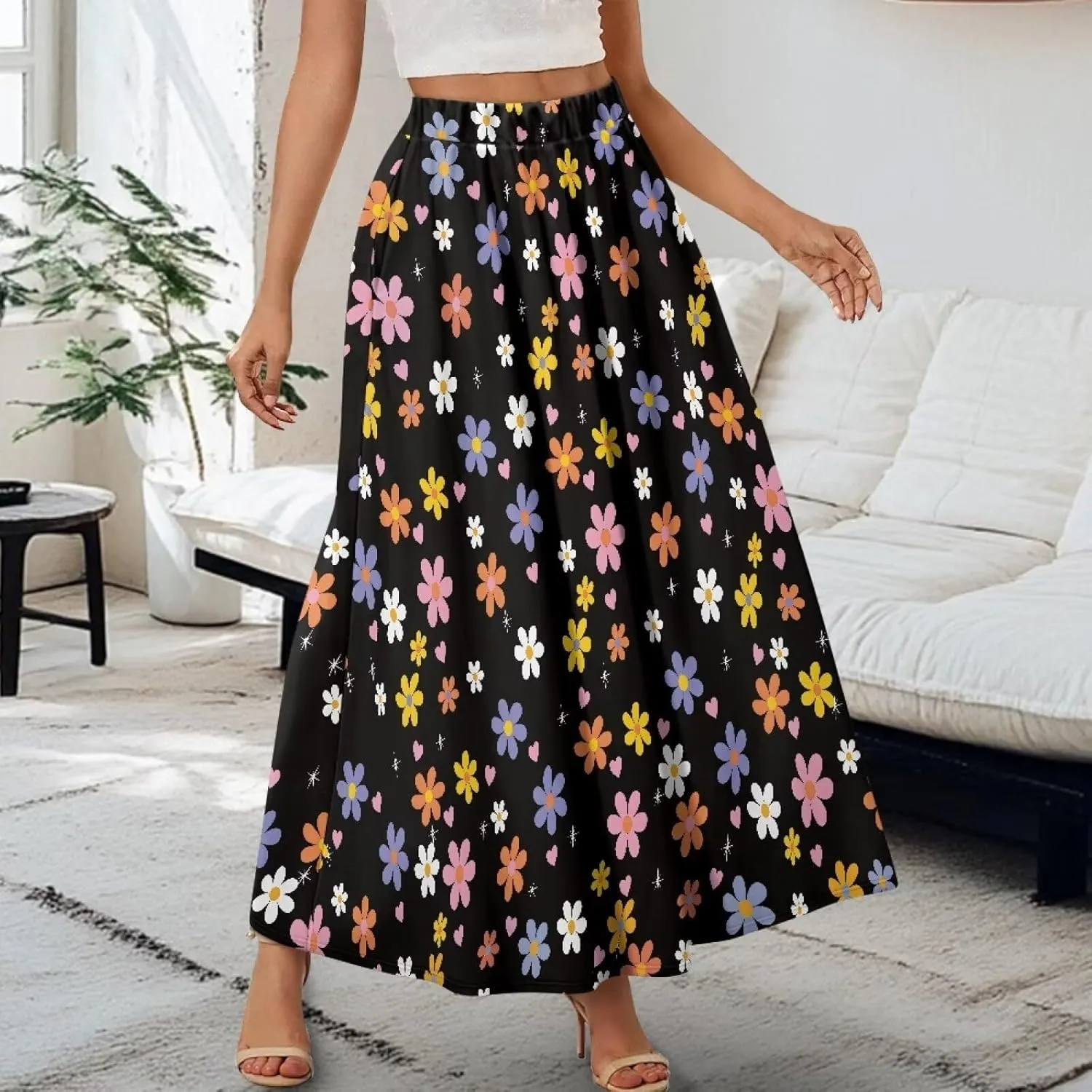 Women's Long Skirt High Waisted Casual Stretch Flowy Swing Skirts with Pockets Floral Skirt for Party Festival