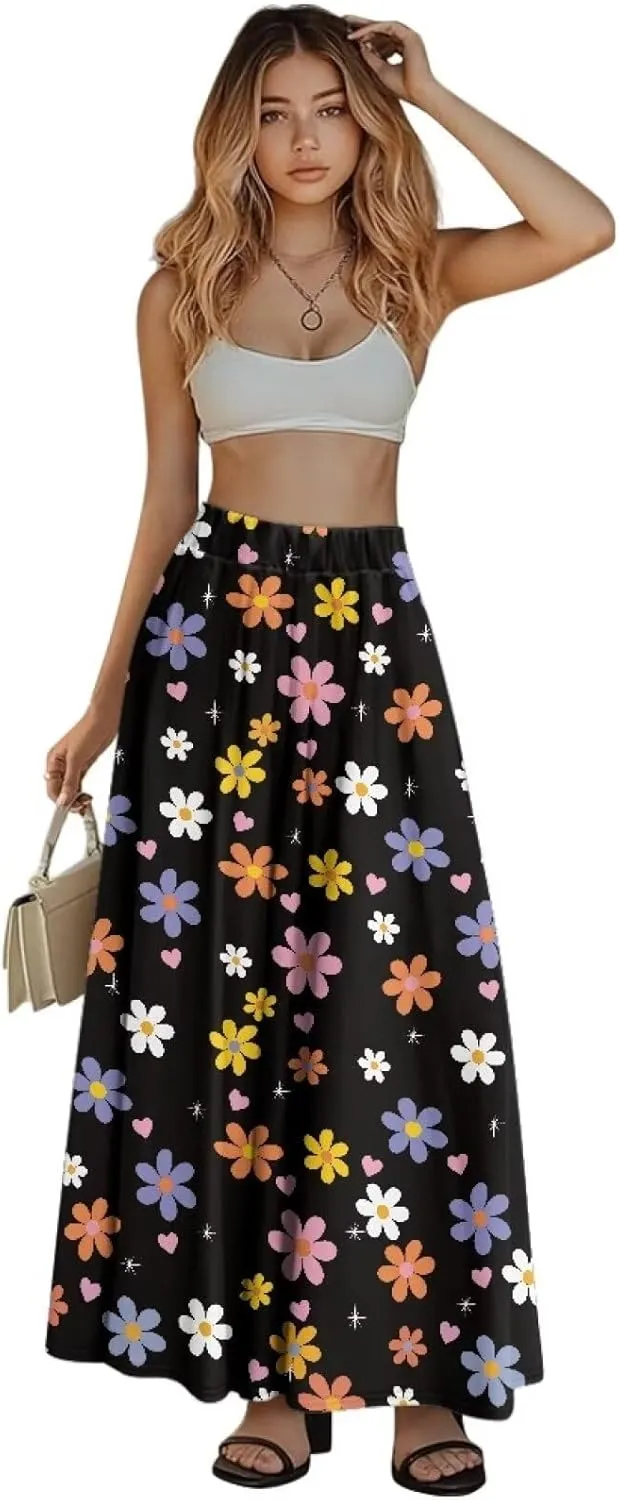 Women's Long Skirt High Waisted Casual Stretch Flowy Swing Skirts with Pockets Floral Skirt for Party Festival