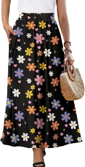 Women's Long Skirt High Waisted Casual Stretch Flowy Swing Skirts with Pockets Floral Skirt for Party Festival