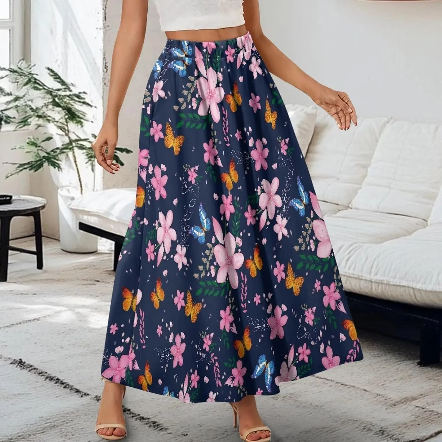 Women's Long Skirt High Waisted Casual Stretch Flowy Swing Skirts with Pockets Floral Skirt for Party Festival