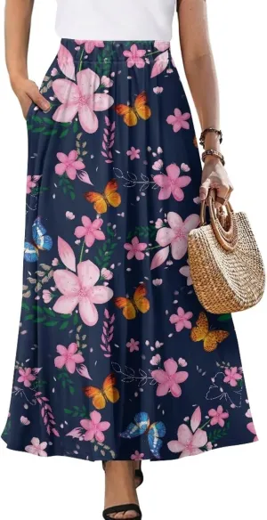 Women's Long Skirt High Waisted Casual Stretch Flowy Swing Skirts with Pockets Floral Skirt for Party Festival