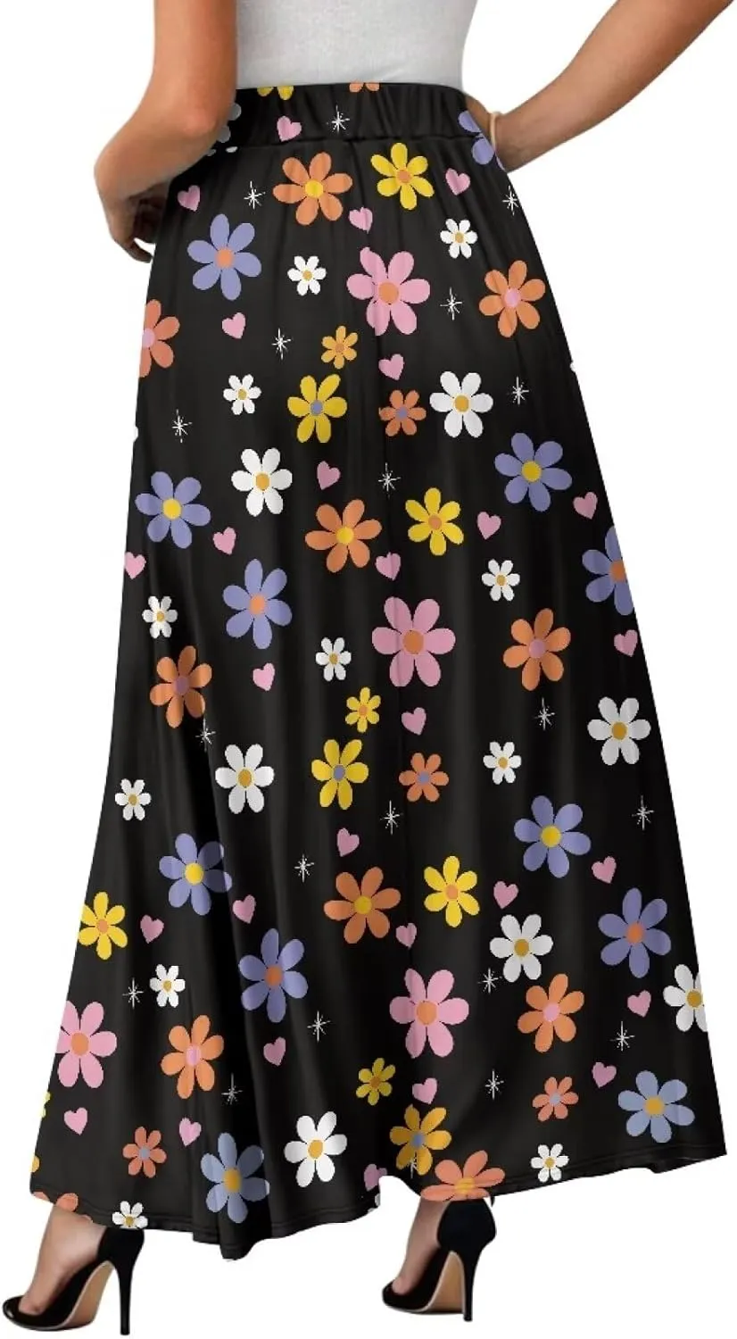 Women's Long Skirt High Waisted Casual Stretch Flowy Swing Skirts with Pockets Floral Skirt for Party Festival