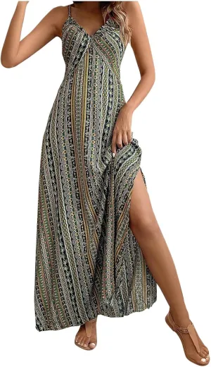 Womens Maxi Dresses Boho Ethnic Style Vintage Floral Dress Sexy V-Neck Sleeveless Side Split Summer Beach Sundress