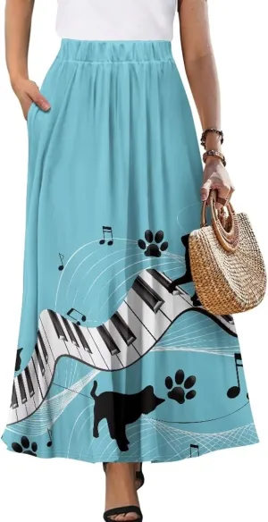 Women's Maxi Skirt High Waisted Stretch Flowy Swing Long Skirts with Pockets Floral Skirt for Casual Festival S-2XL