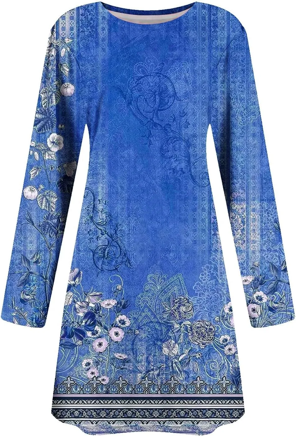 Womens Mini Dresses Casual Summer Beach Dress Vintage Boho Floral Long Sleeve Round Neck Flowy A Line Sun Dresses
