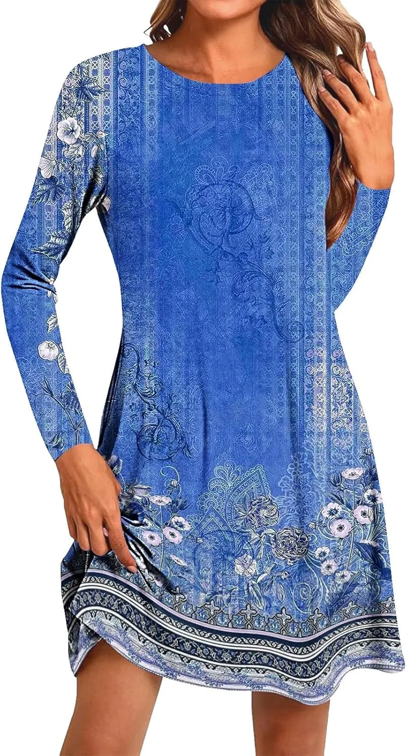 Womens Mini Dresses Casual Summer Beach Dress Vintage Boho Floral Long Sleeve Round Neck Flowy A Line Sun Dresses