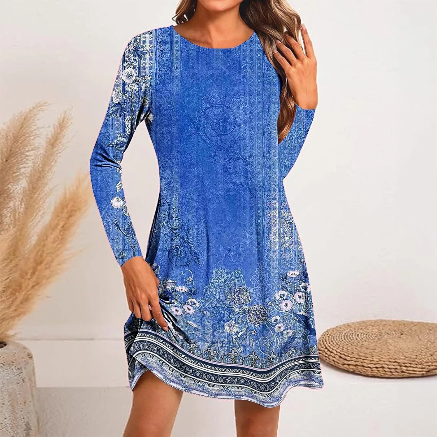 Womens Mini Dresses Casual Summer Beach Dress Vintage Boho Floral Long Sleeve Round Neck Flowy A Line Sun Dresses