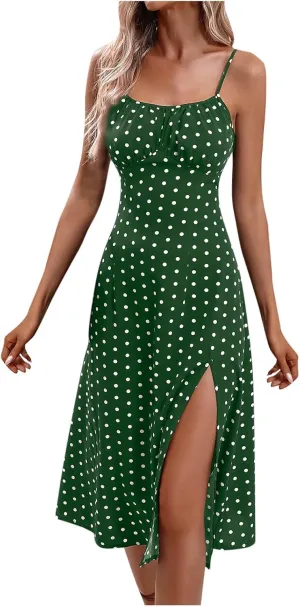 Womens Polka Dot High Split Midi Dresses Square Neck Spaghetti Strap Tie Halter Dress Summer Beach Y2k Sun Dresses