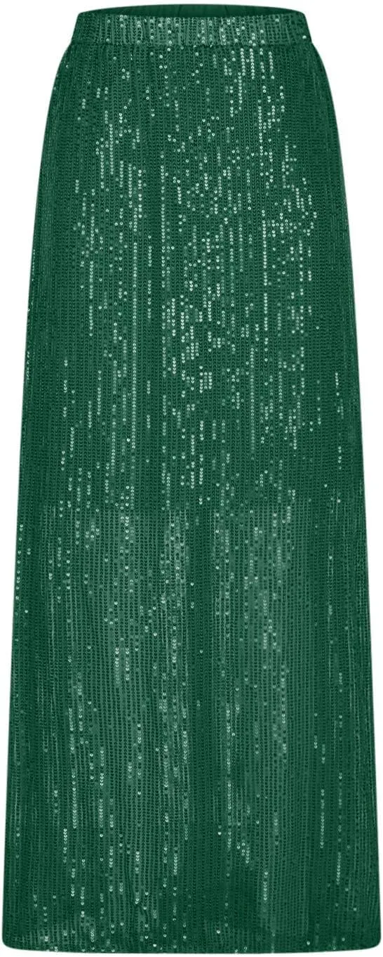 Women's Sequin Skirt for Party Shiny Sparkly A Line Swing Midi Skirt Elastic Wasit Stretch Long Skirts Sparkle Skirt