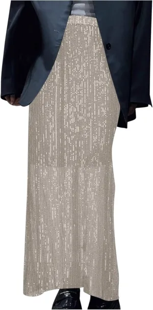 Women's Sequin Skirt for Party Shiny Sparkly A Line Swing Midi Skirt Elastic Wasit Stretch Long Skirts Sparkle Skirt