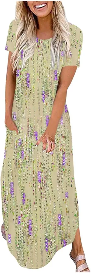 Womens Split Boho Floral Maxi Dresses Short Sleeve Casual Pocket Long Dress 2025 Summer Loose Flowy Beach Sundress