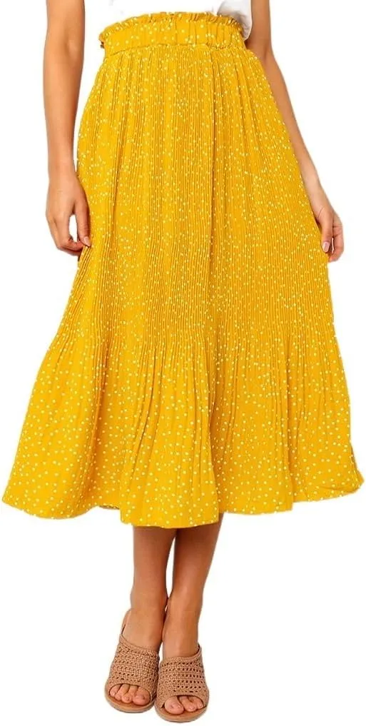 Womens Summer Boho Elastic Waist Pleated Midi Skirt Elegant Long Maxi A-Line Midi Skirts with Pocket