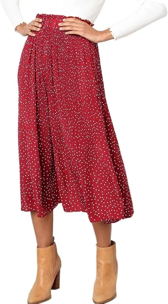 Womens Summer Boho Elastic Waist Pleated Midi Skirt Elegant Long Maxi A-Line Midi Skirts with Pocket