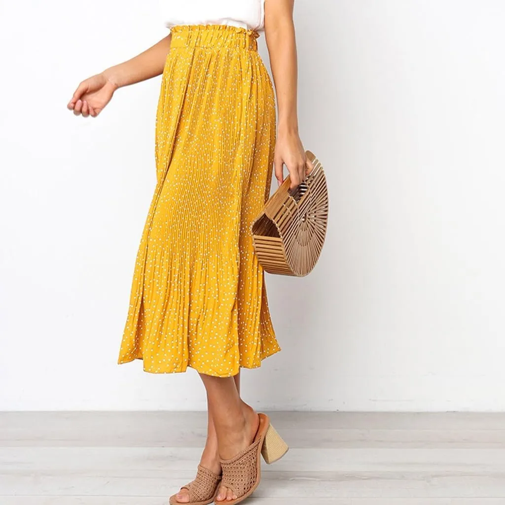 Womens Summer Boho Elastic Waist Pleated Midi Skirt Elegant Long Maxi A-Line Midi Skirts with Pocket