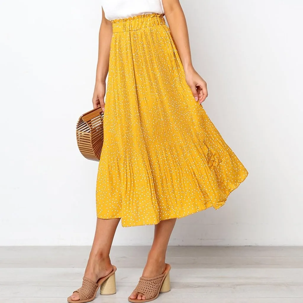 Womens Summer Boho Elastic Waist Pleated Midi Skirt Elegant Long Maxi A-Line Midi Skirts with Pocket
