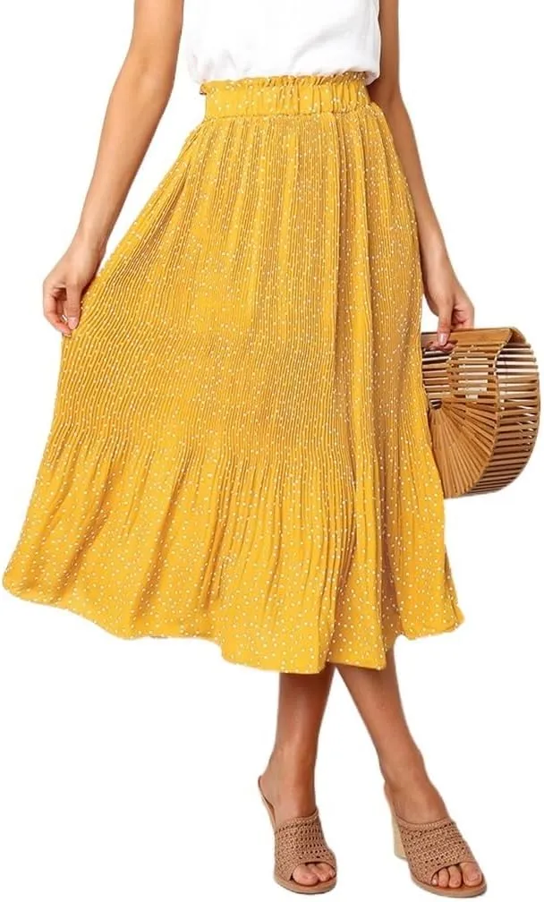 Womens Summer Boho Elastic Waist Pleated Midi Skirt Elegant Long Maxi A-Line Midi Skirts with Pocket