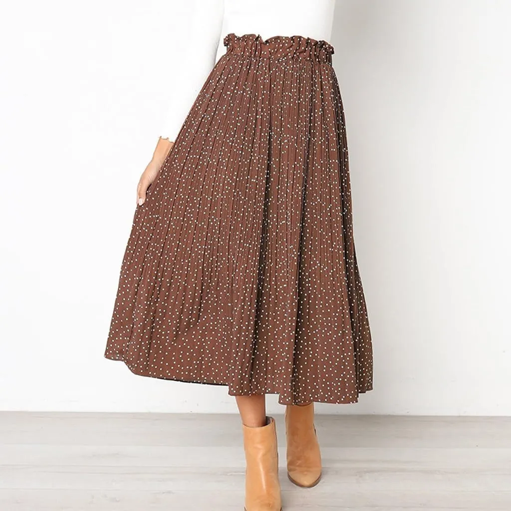 Womens Summer Boho Elastic Waist Pleated Midi Skirt Elegant Long Maxi A-Line Midi Skirts with Pocket