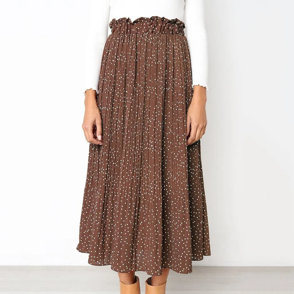 Womens Summer Boho Elastic Waist Pleated Midi Skirt Elegant Long Maxi A-Line Midi Skirts with Pocket