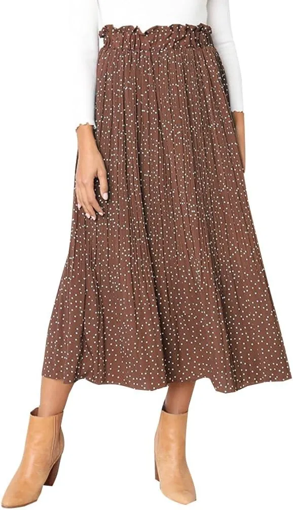 Womens Summer Boho Elastic Waist Pleated Midi Skirt Elegant Long Maxi A-Line Midi Skirts with Pocket