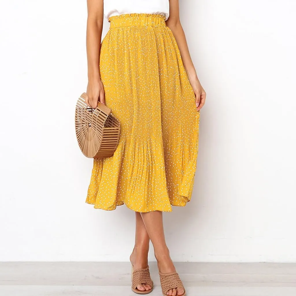 Womens Summer Boho Elastic Waist Pleated Midi Skirt Elegant Long Maxi A-Line Midi Skirts with Pocket