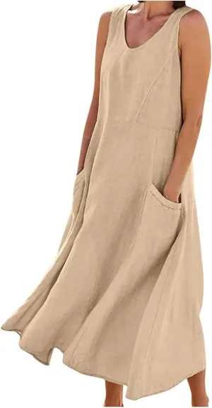 Womens Summer Cotton Linen Dress Sleeveless Scoop Neck Flowy Sundress 2025 Plus Size Loose Comfy Midi Dresses Pockets