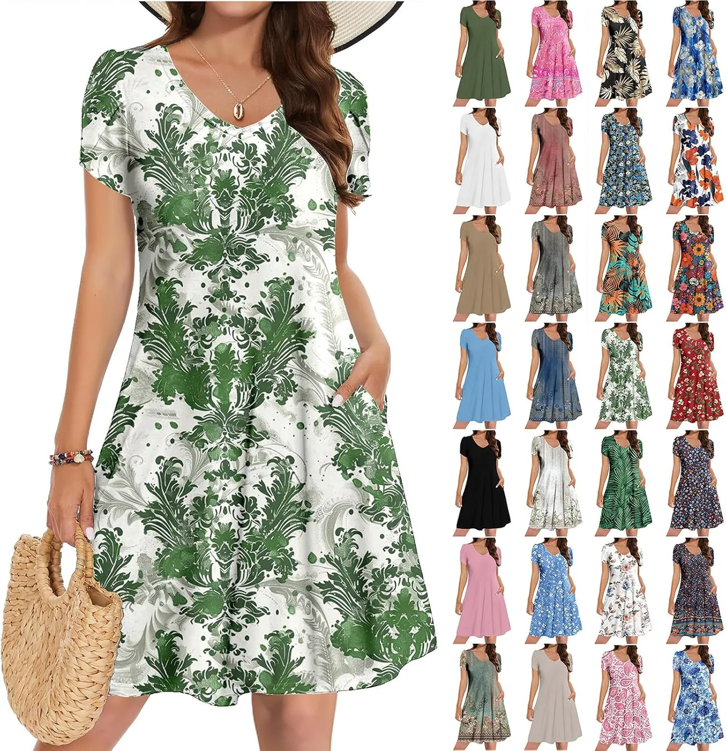 Womens Summer Dresses Casual Floral Sun Dresses Mini a-line Dress Flowy Beach Swing Dress 2025 Vacation with Pockets