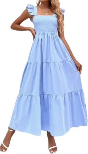 Womens Summer Dresses Causal Sleeveless Maxi Dresses Trendy Ruffle Dresses Vacation Beach Sun Dresses Boho Maxi Dress