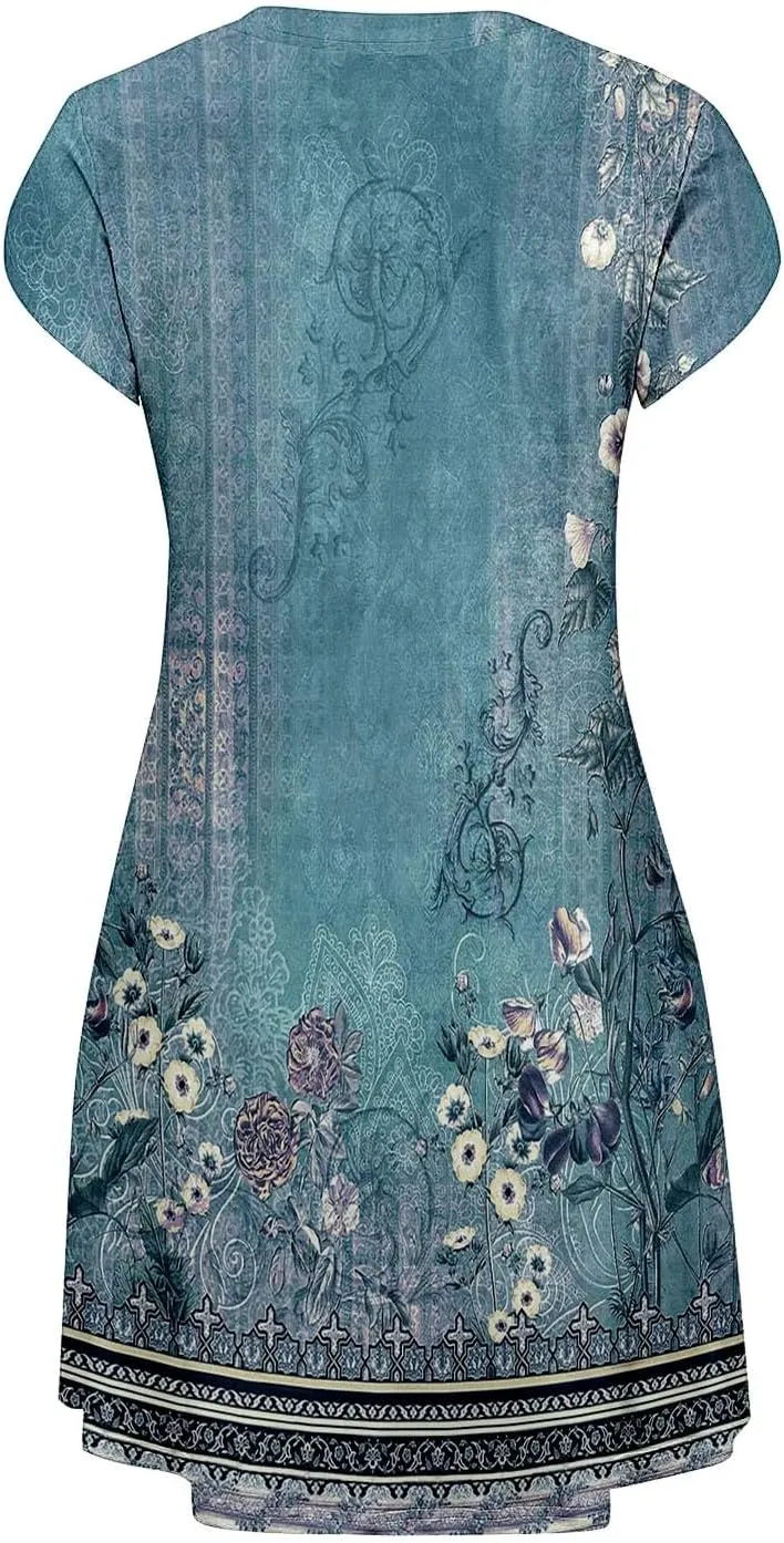 Women's Summer Floral Dresses 2025 Short Sleeve Beach Sundress Crew Neck Casual Flowy A-Line Dresses with Pocket