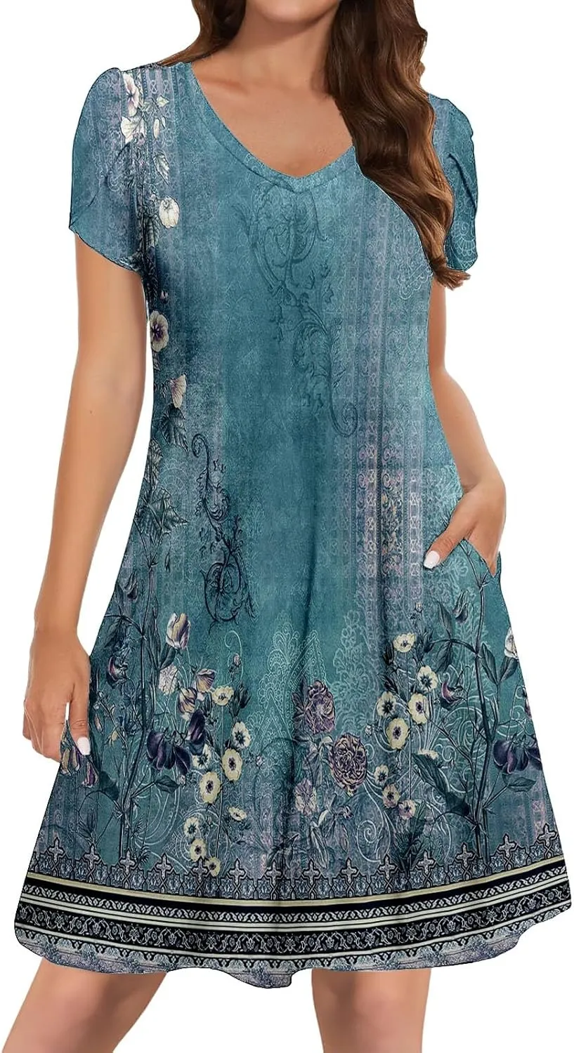 Women's Summer Floral Dresses 2025 Short Sleeve Beach Sundress Crew Neck Casual Flowy A-Line Dresses with Pocket