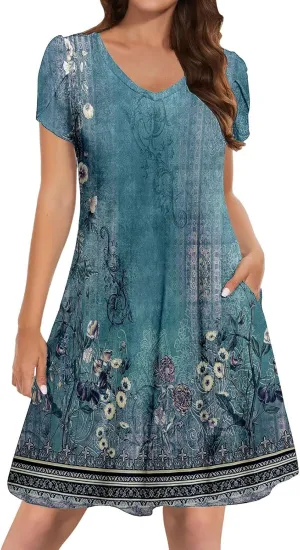 Women's Summer Floral Dresses 2025 Short Sleeve Beach Sundress Crew Neck Casual Flowy A-Line Dresses with Pocket
