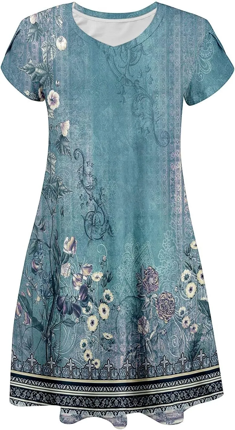 Women's Summer Floral Dresses 2025 Short Sleeve Beach Sundress Crew Neck Casual Flowy A-Line Dresses with Pocket