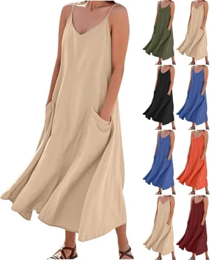 Women's Summer Maxi Dress Casual Boho Spaghetti Strap Dresses Beach Vacation Pockets Sundress Solid Travel Clothes