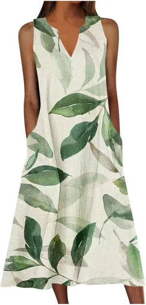 Women's Summer Maxi Dress Vintage Floral Print Graphic Long Dresses V Neck Sleeveless Flowy Swing Casual Beach Dress